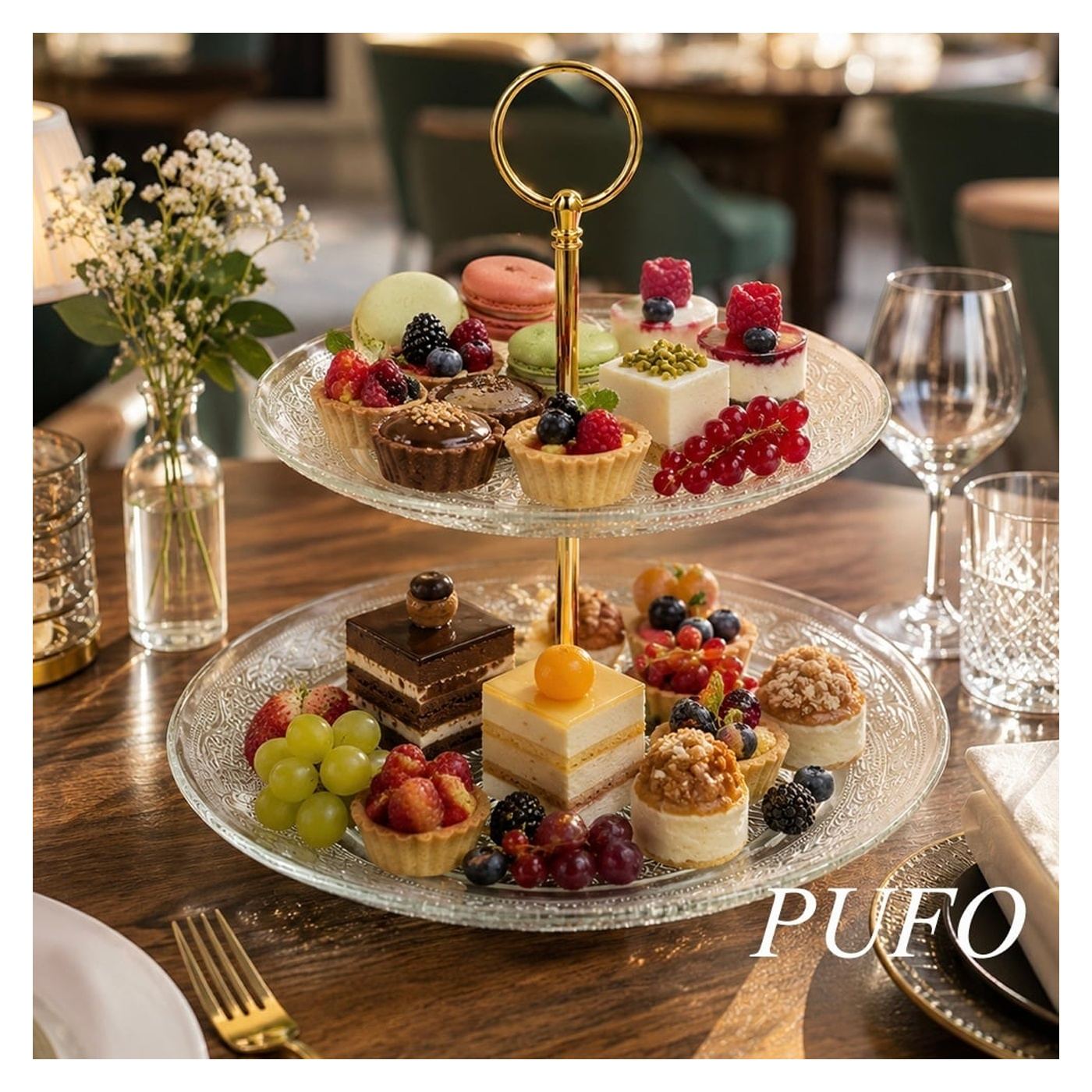 Етажерка за плодове Pufo Luxury от стъкло с 2 нива, за сладкиши, мини тарталети, плодове, предястия, златна метална дръжка - 4
