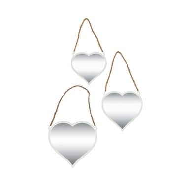 Set od 3 zidna ogledala s plastičnim okvirom, bijela srca, 20,5 x 2,5 x 18,5 cm, 23,5 x 2,5 x 23,5 cm, 27,5 x 2,5 x 26,5 cm