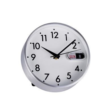 Table clock with calendar, aluminum, silver, 17.5 cm