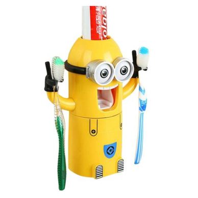 Dozator Pasta de Dinți și Suport Periuțe KlaussTech, Capacitate 2 Periuțe, Model Minion, Galben