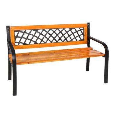Bancă de grădină din lemn și oțel cu spătar decorativ, 120x53x73 cm, negru și maro natur