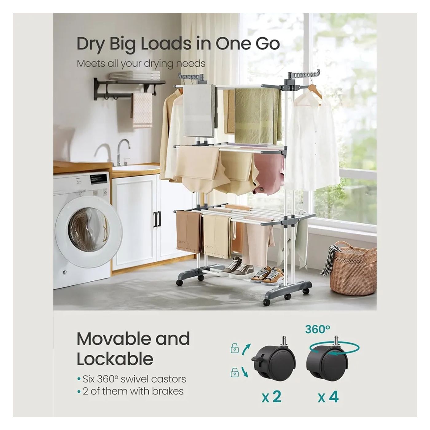 Uscator de rufe cu roti, Songmics, Tower Dryer, 4 niveluri, alb - 3