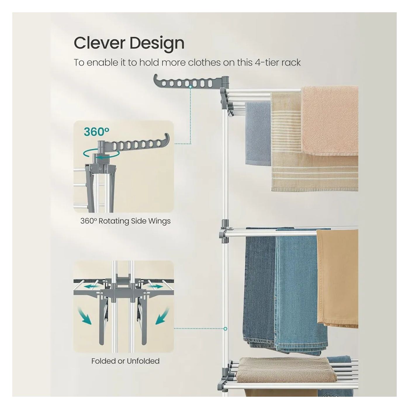 Uscator de rufe cu roti, Songmics, Tower Dryer, 4 niveluri, alb - 5
