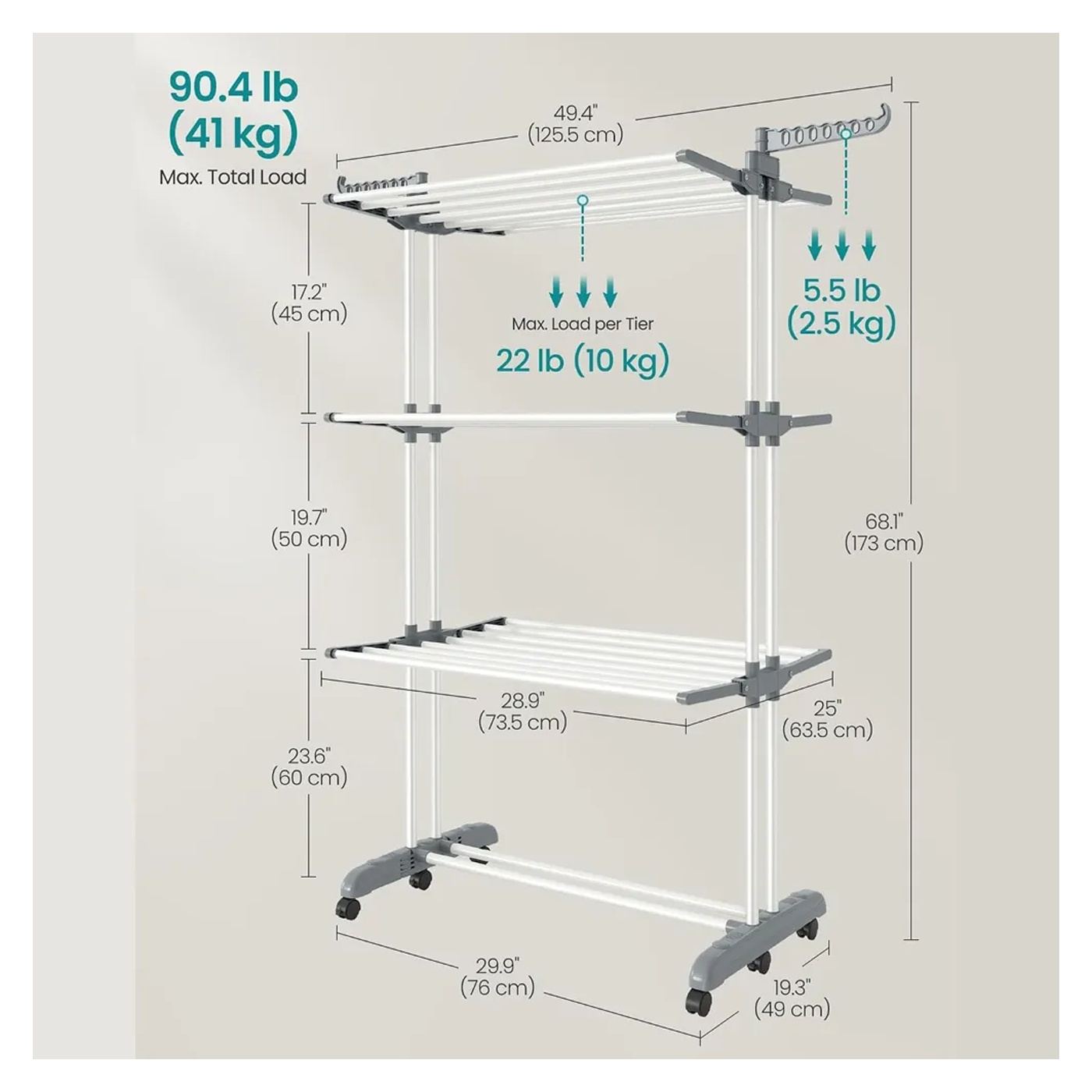 Uscator de rufe cu roti, Songmics, Tower Dryer, 4 niveluri, alb - 7
