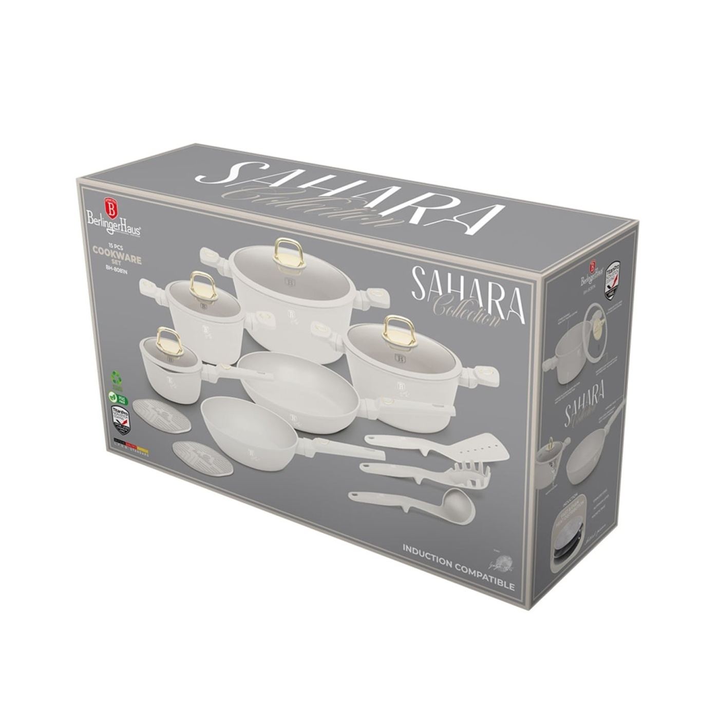 Sada hrnců a pánví s poklicemi 15dílná Sahara Collection Berlinger Haus BH 8081, krémová, nepřilnavá, snadno se čistí, indukce, - 3
