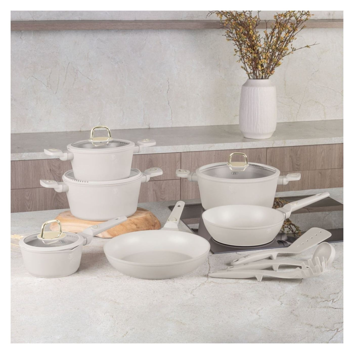 Sada hrnců a pánví s poklicemi 15dílná Sahara Collection Berlinger Haus BH 8081, krémová, nepřilnavá, snadno se čistí, indukce, - 5