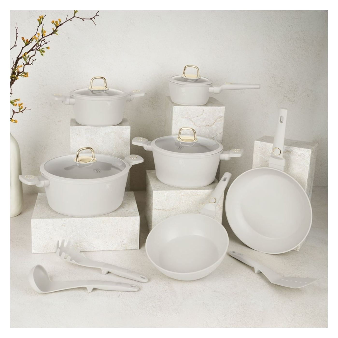 Sada hrnců a pánví s poklicemi 15dílná Sahara Collection Berlinger Haus BH 8081, krémová, nepřilnavá, snadno se čistí, indukce, - 6