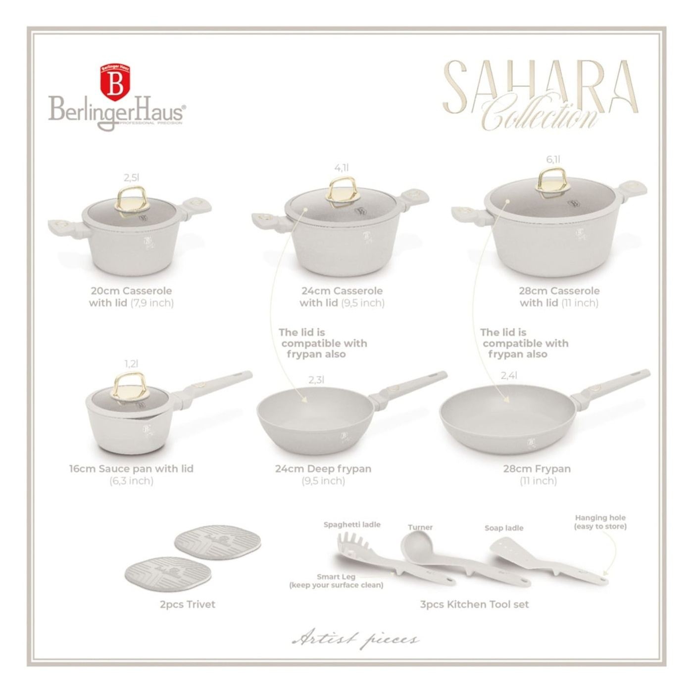 Sada hrnců a pánví s poklicemi 15dílná Sahara Collection Berlinger Haus BH 8081, krémová, nepřilnavá, snadno se čistí, indukce, - 10
