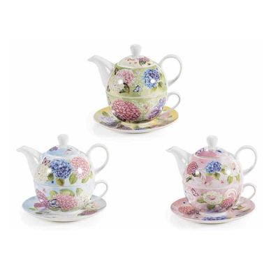 Set 3 ceainice cu 3 cești porțelan multicolor Hortensii 16 x 10.5 x 14 H, Ø 10,5 x 5,5 H, 350ml, 200 ml