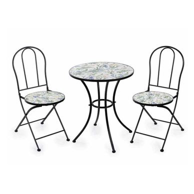 Set vrtnog namještaja: Stol s 2 stolice, željezo i keramika, cvijeće, Ø 60 cm x 70 V, 38 x 52,5 x 88 V
