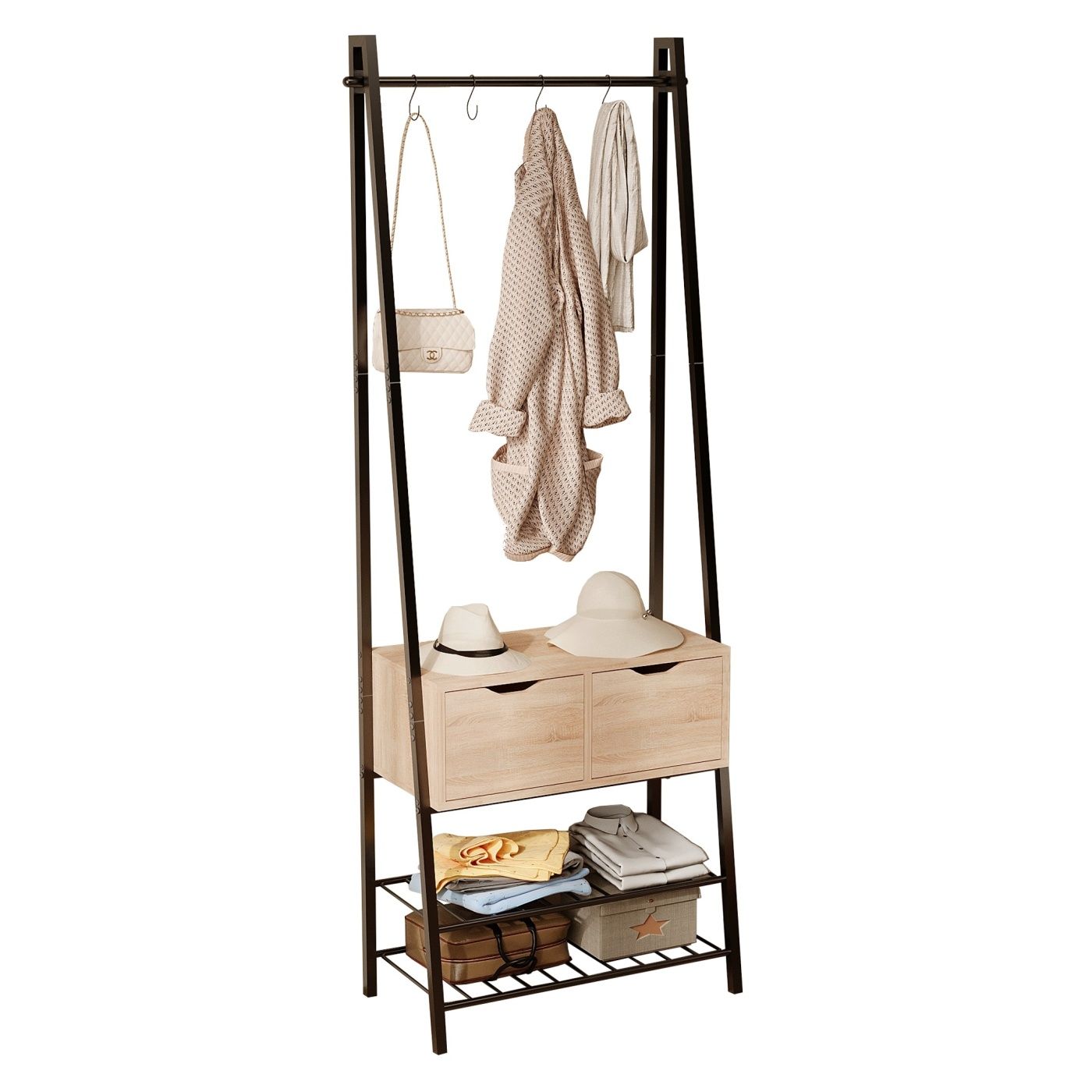Cuier de podea din stejar deschis, cu sertare, pentru hol sau dressing, cu cadru negru