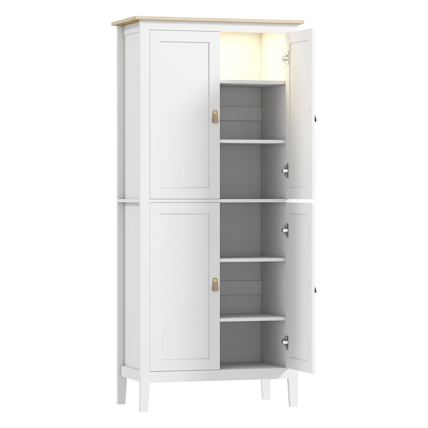 Bufet Înalt de Bucătărie 177 cm, Dulap Autoportant cu Lumină LED cu Senzor de Mișcare, Iluminare Reglabilă în 3 Culori, 4 Uși și
