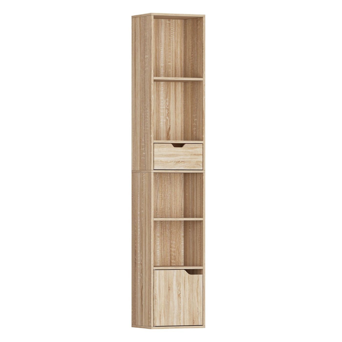 Bibliotecă Verticală cu 6 Nivele, Raft Îngust cu Dulap, Sertar și Raft Reglabil, pentru Living, Dormitor sau Birou, 30x24x158 cm