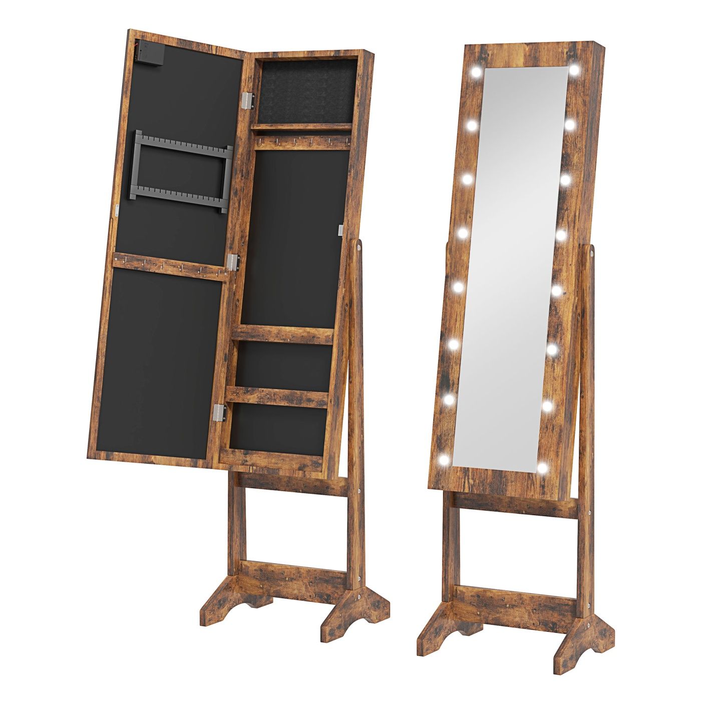 Oglindă pentru Bijuterii cu LED, Dulap pentru Bijuterii cu Oglindă, pentru Dormitor și Living, 36x30x136 cm, Maro Rustic