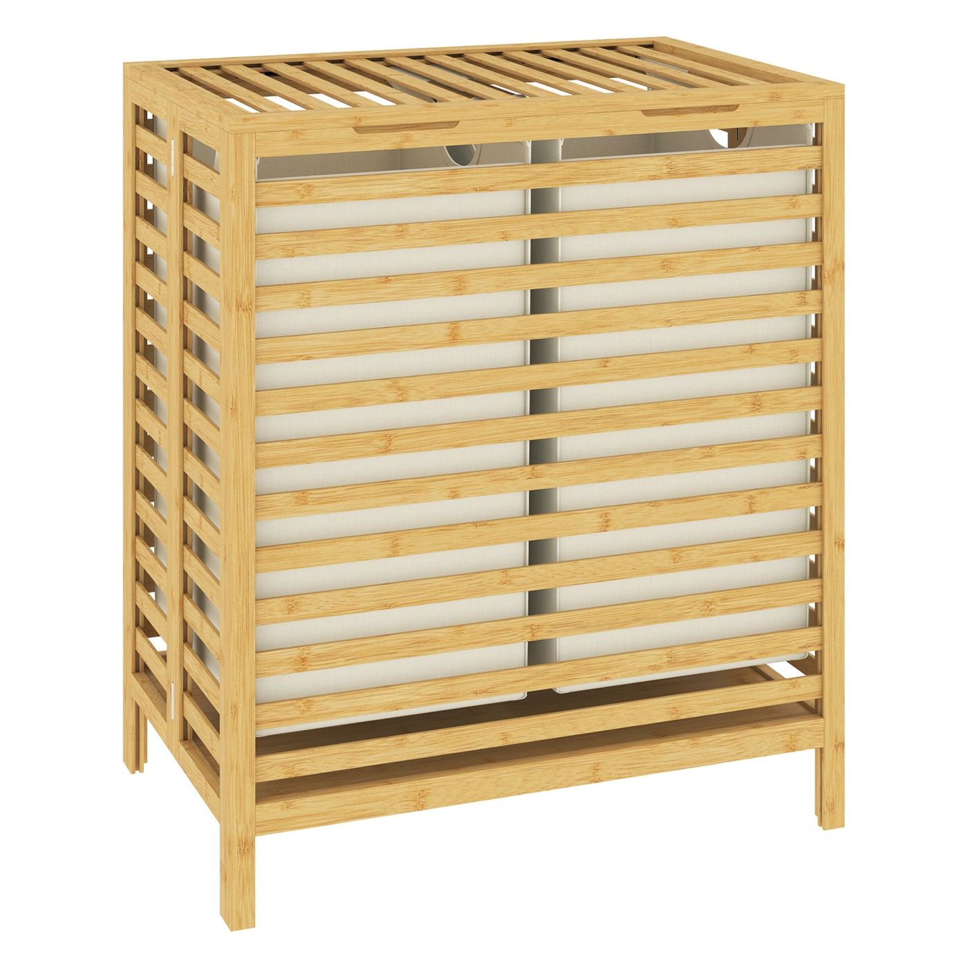 Coș de Rufe din Bambus cu Capac, 64L Coș de Rufe Murdar Pliabil cu 2 Saci din Material Oxford Detașabili și Lavabili, 55 x 36 x