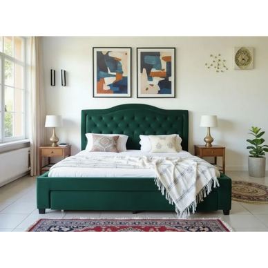 Nočna omara Terasino s 4 predali, dimenzije 160x200 cm, oblazinjena v zelenim žametom.