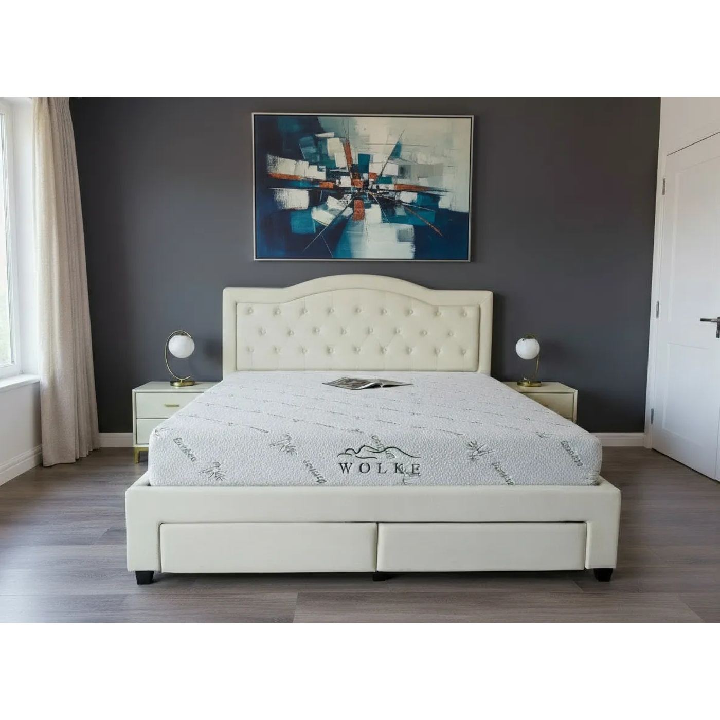 Postelja Terasino z 4 predali, dimenzije 160x200 cm, oblazinjena v bež barvi. - 12