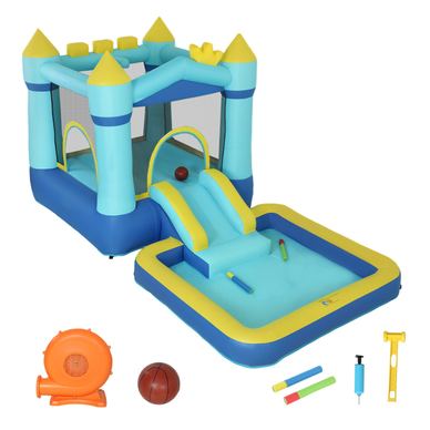 Castel Gonflabil 4 în 1 Copii, Tobogan, Trambulină, Piscină, Coș Baschet, 364x173x182cm Albastruastru