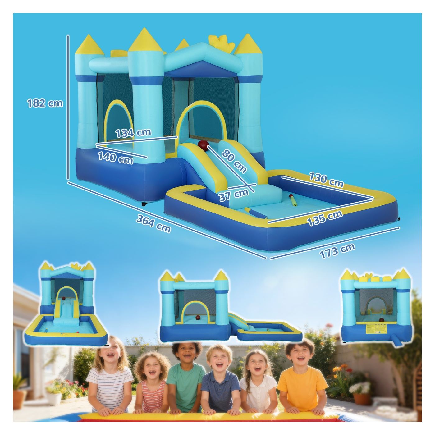 Castel Gonflabil 4 în 1 Copii, Tobogan, Trambulină, Piscină, Coș Baschet, 364x173x182cm Albastruastru - 3