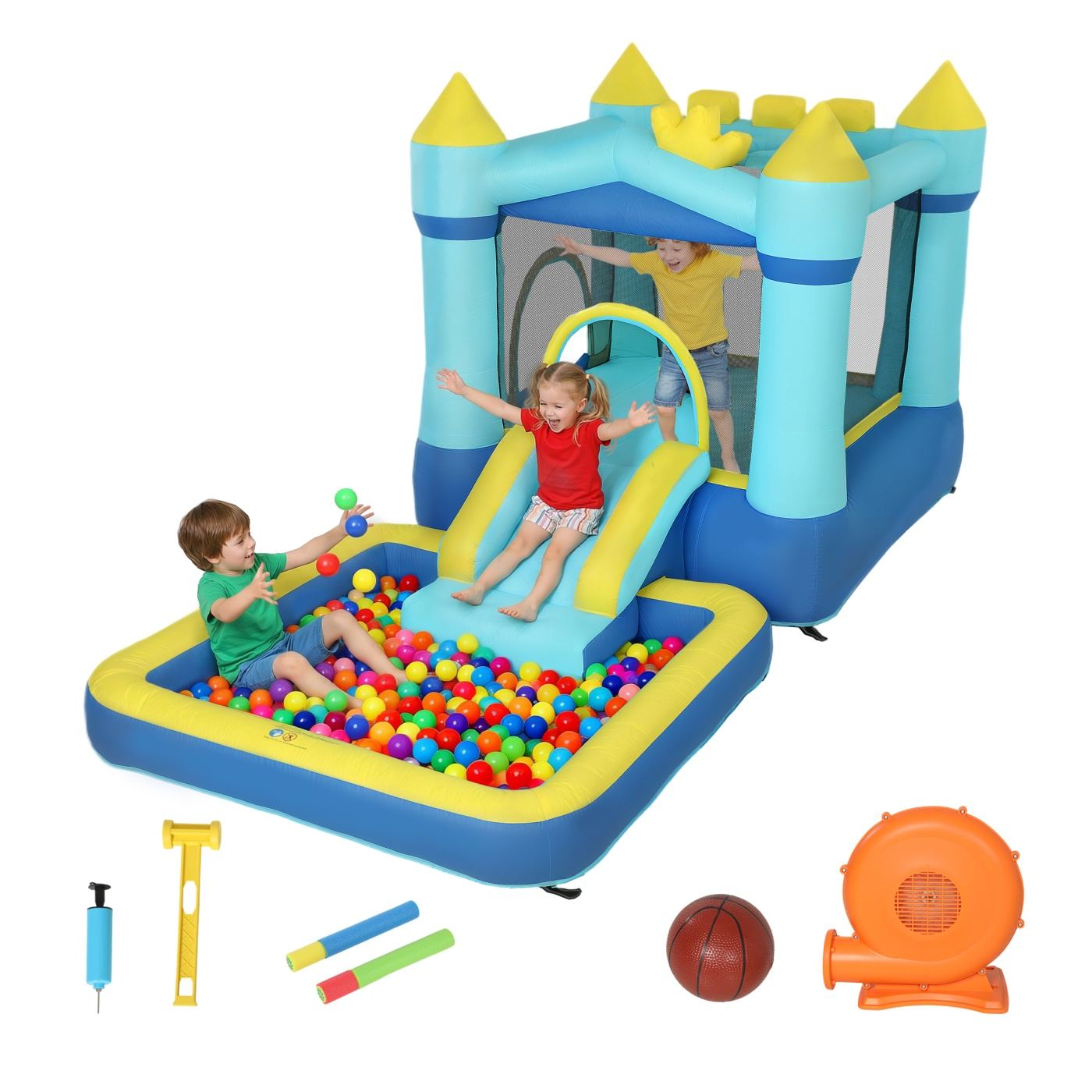 Castel Gonflabil 4 în 1 Copii, Tobogan, Trambulină, Piscină, Coș Baschet, 364x173x182cm Albastruastru - 10
