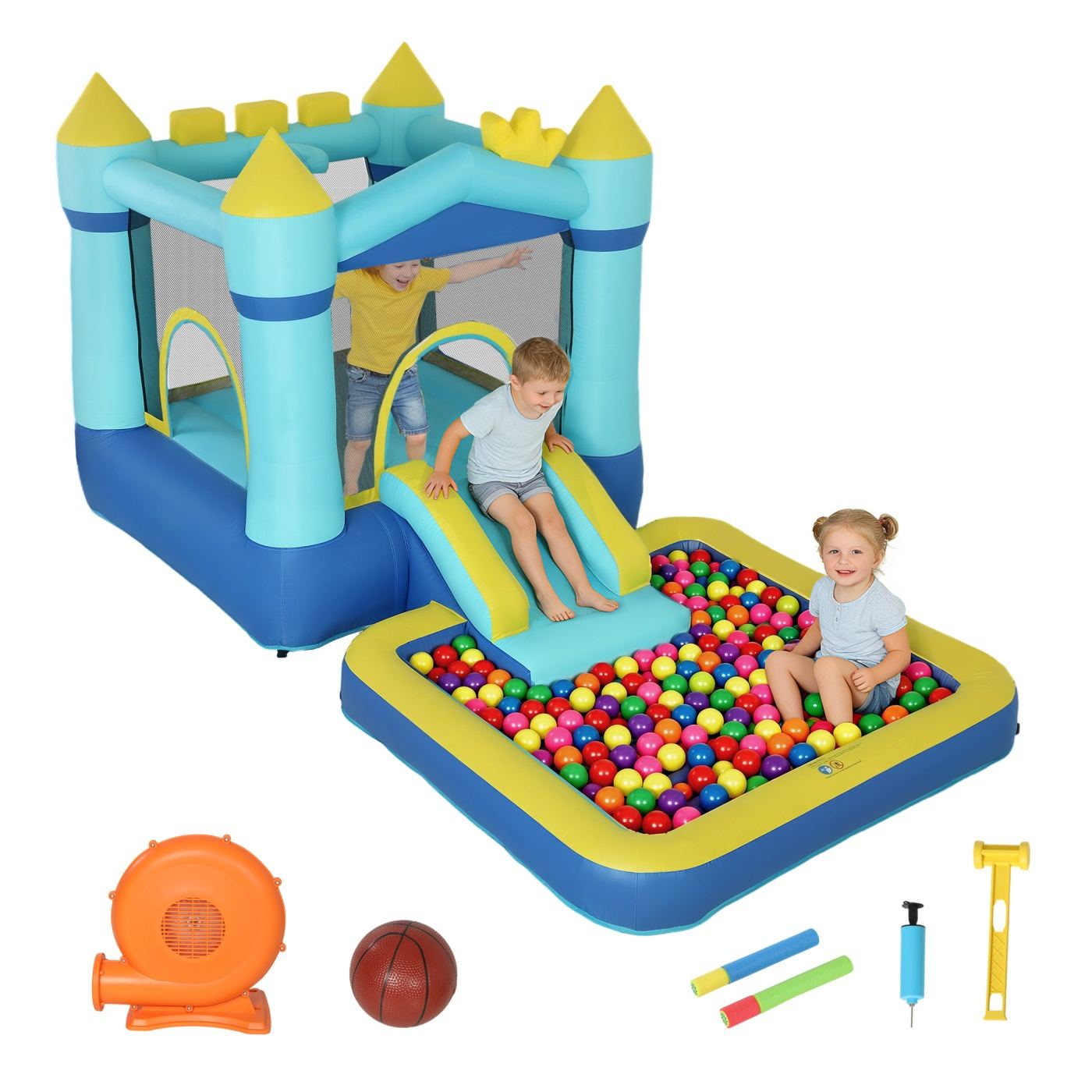 Castel Gonflabil 4 în 1 Copii, Tobogan, Trambulină, Piscină, Coș Baschet, 364x173x182cm Albastruastru - 11