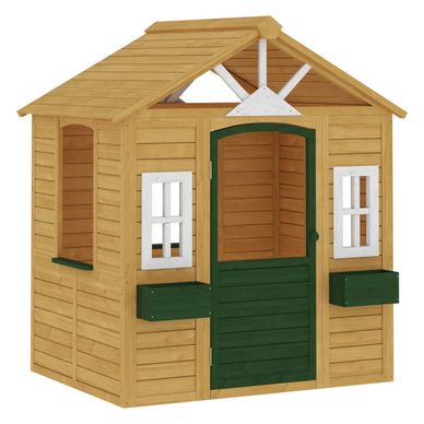 Căsuță de Grădină pentru Copii din Lemn de Molid, Căsuță de Exterior cu 3 Ferestre, 2 Jardiniere, Ușă și Acoperiș, pentru Copii 