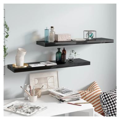 Poličniki za steno, 2 kosi, črna ekstra sijajna 90x23,5x3,8 cm MDF