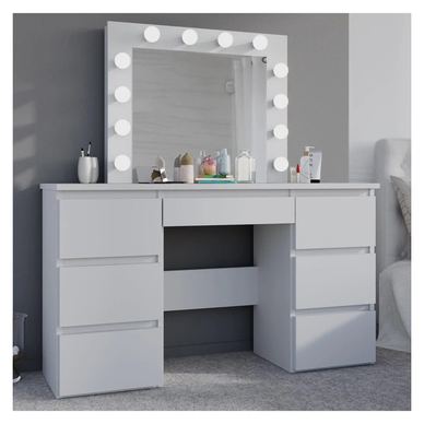 Masă De Machiaj/Toaleta Cu 7 Sertare Și Oglindă LED, Culoare Alb, Dimensiune 120 x 45 x 140cm