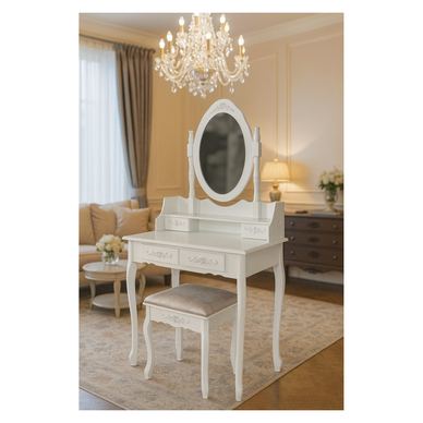 Masă de machiaj vintage cu oglindă ovală și taburet - Model Elegance White