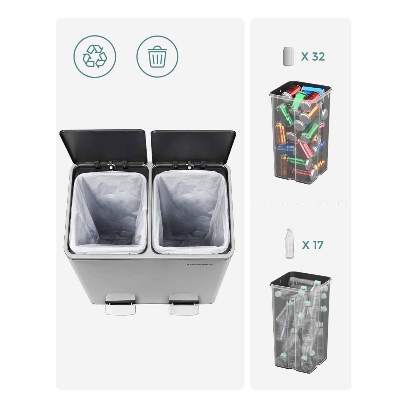 Rozsdamentes acél szemetes 2 rekesszel szelektív hulladékgyűjtéshez, belső vödrökkel, 2x24 liter, ezüst színű - 6