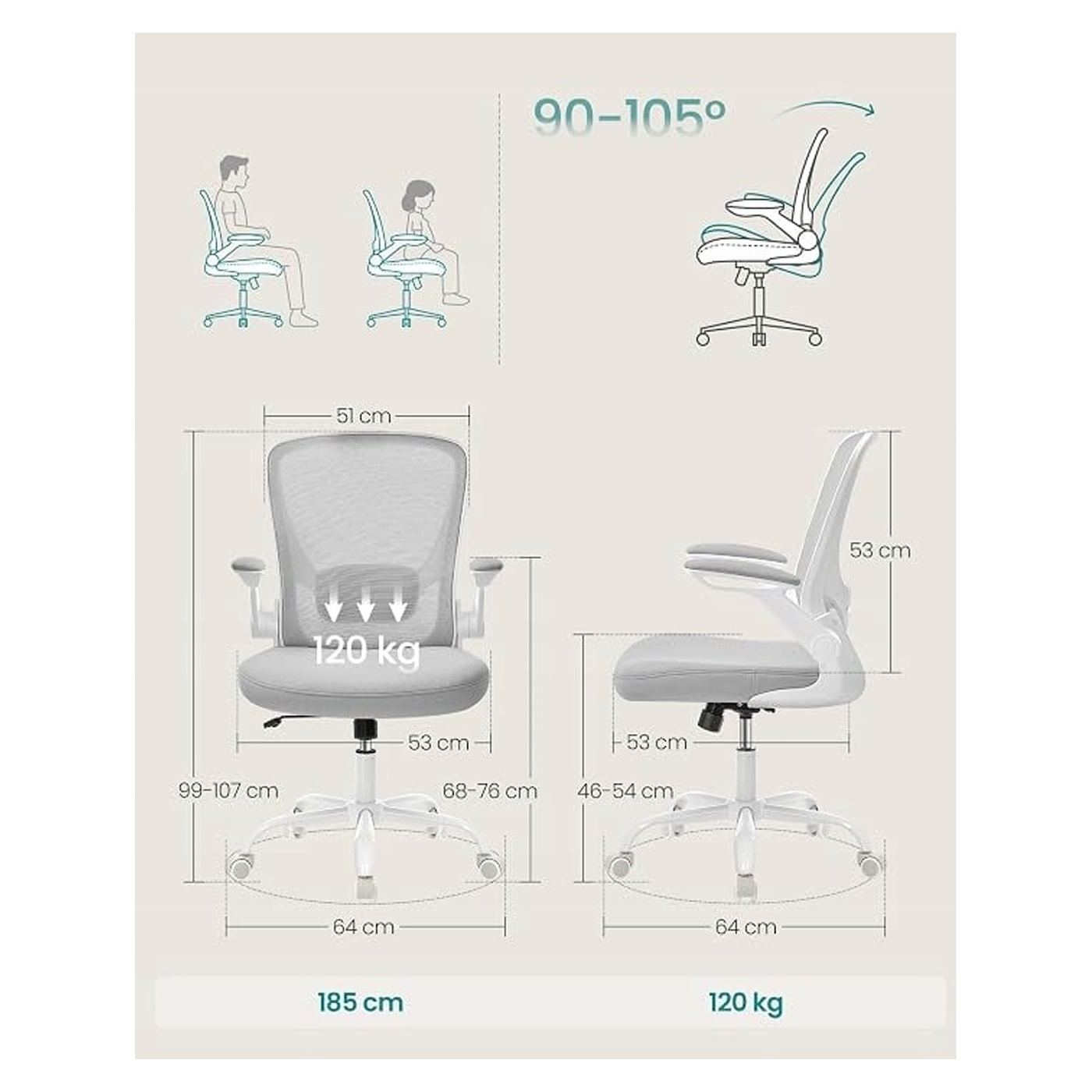 Állítható Ergonomikus Irodai Szék Hálós Háttámlával és Deréktámasszal, Max. 120 kg, 64x64x107 cm, Világosszürke - 8