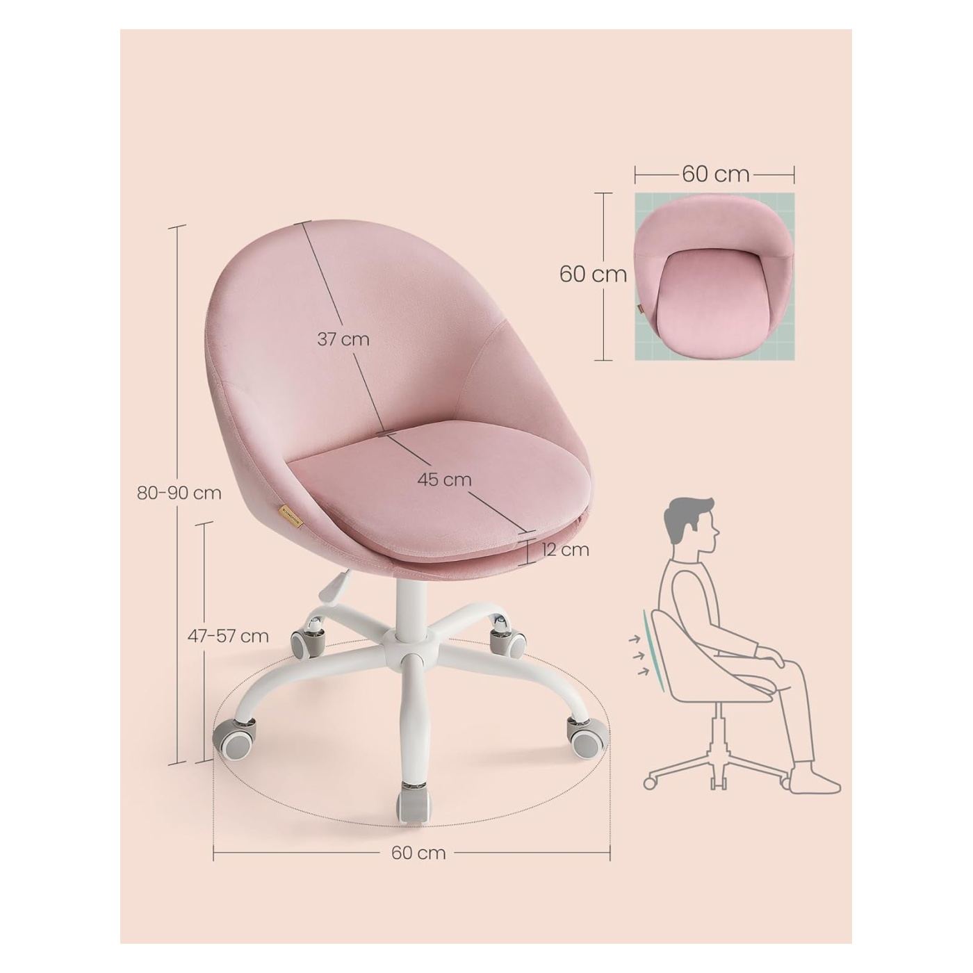 Ergonomikus irodai szék, állítható magasságú, 60x60x(80-90) cm, pasztell rózsaszín - 4