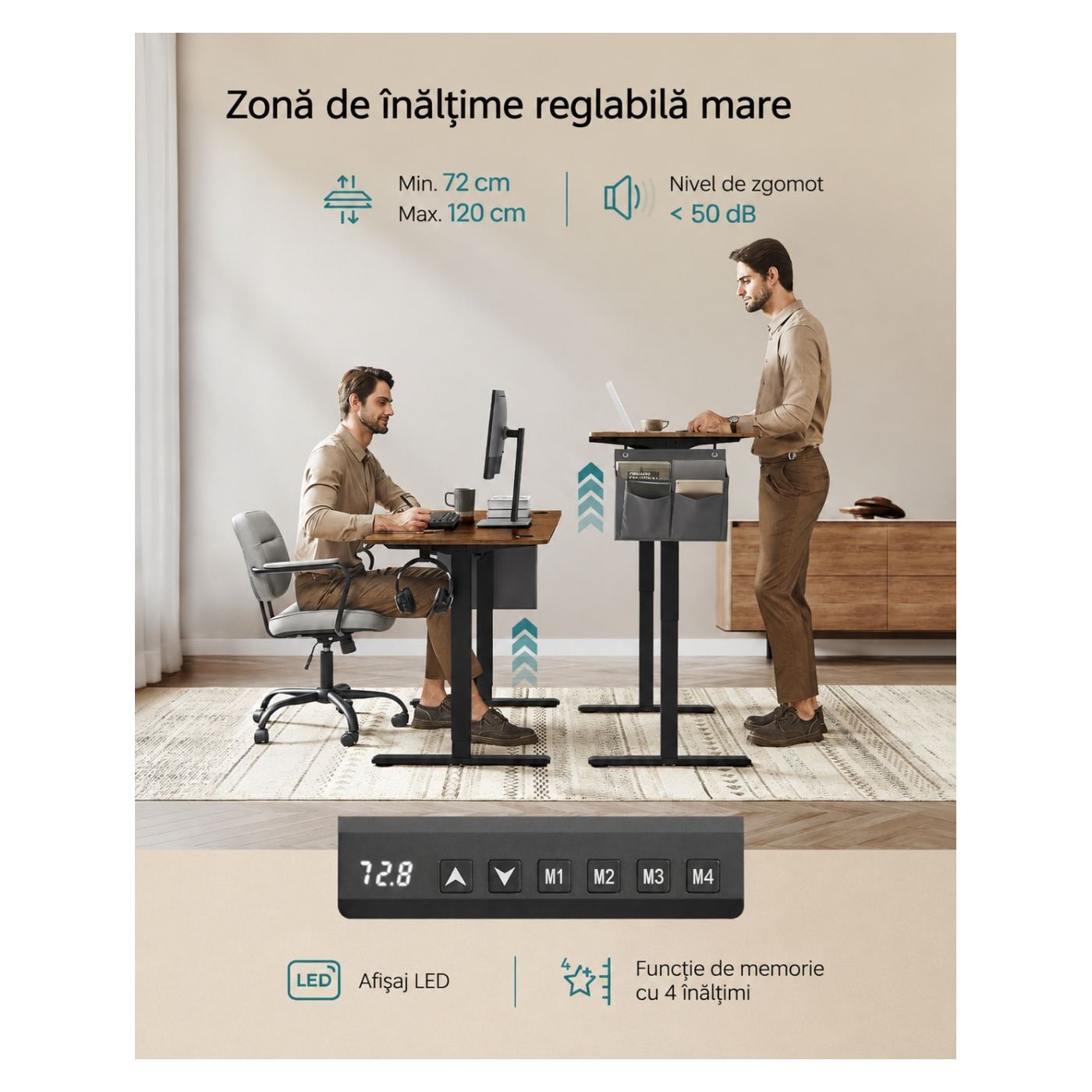 Elektromosan Állítható Magasságú Íróasztal, Fém Váz, 4 Memória Pozíció, 160x70x(72-120) cm, Rusztikus Barna - 3