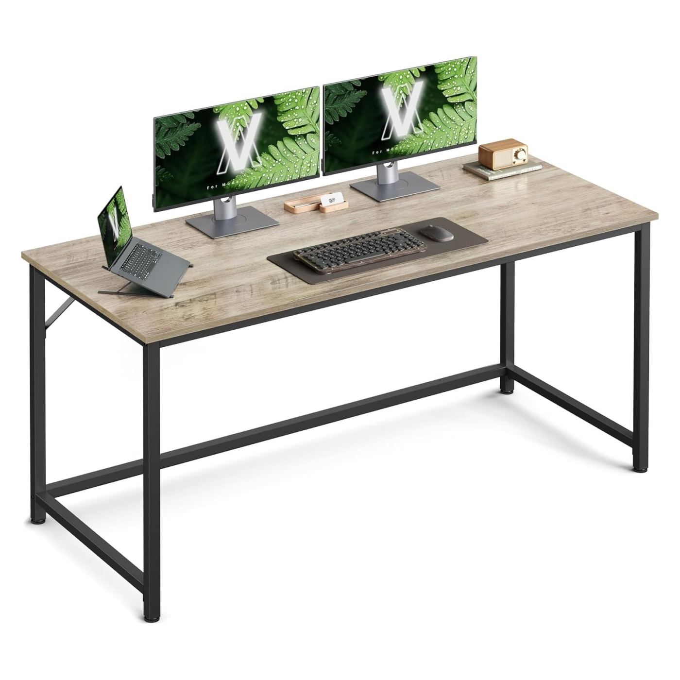 Ipari stílusú számítógépasztal fém vázzal és forgácslap lappal, 135x60x76 cm, tölgy szürke - 7