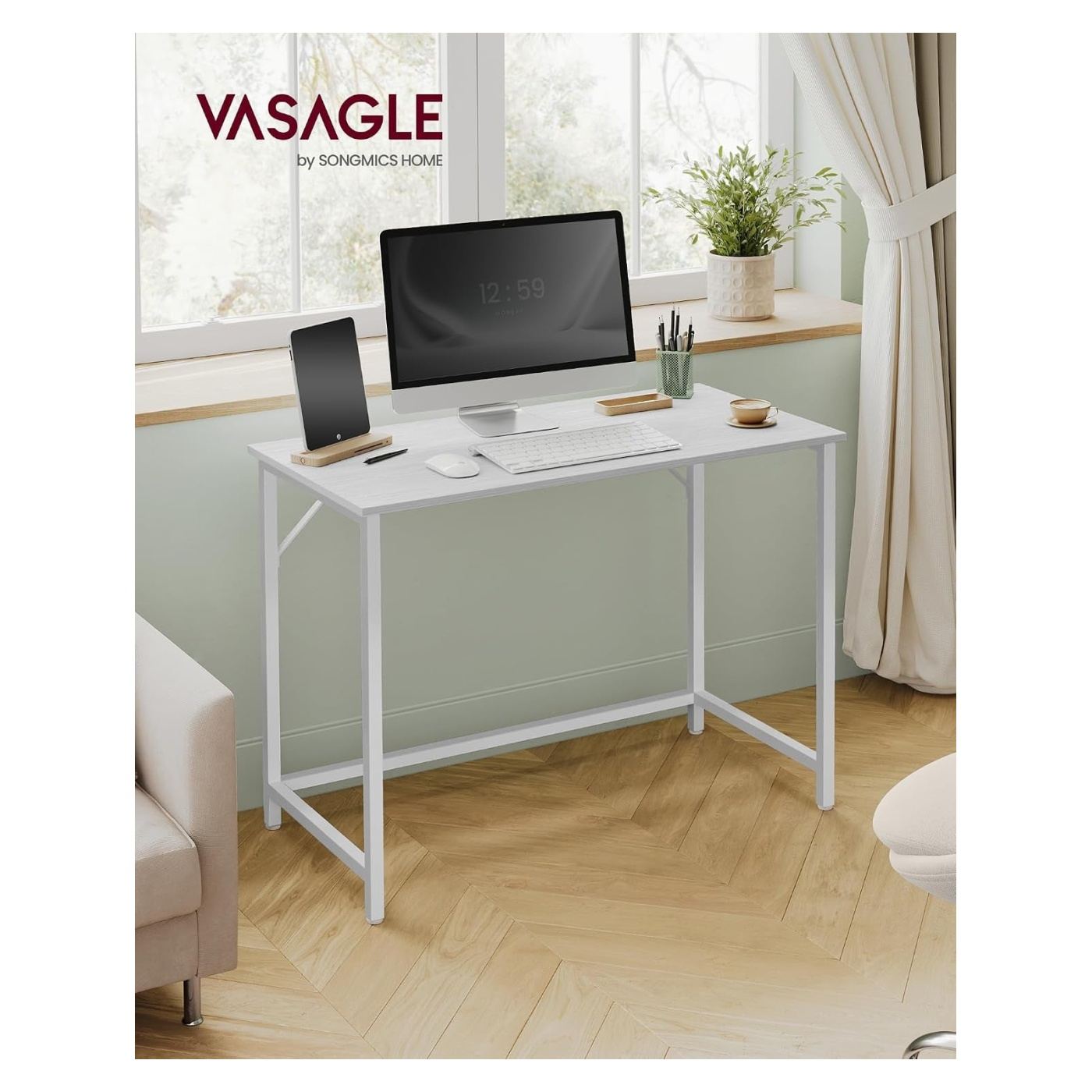 Számítógépasztal forgácslap lappal, fém vázzal, ipari stílusban, 100x50x76 cm, Juharfehér - 2