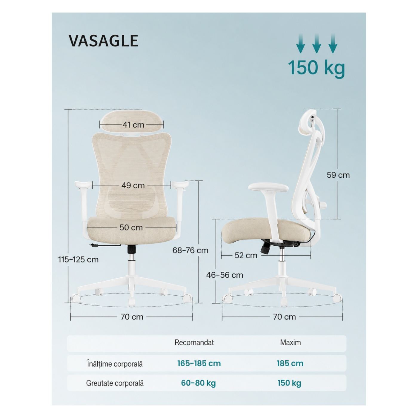 Állítható ergonómikus irodai szék deréktámasszal és fejtámasszal, max. 150 kg, 70x70x125 cm, Cappuccino bézs - 5