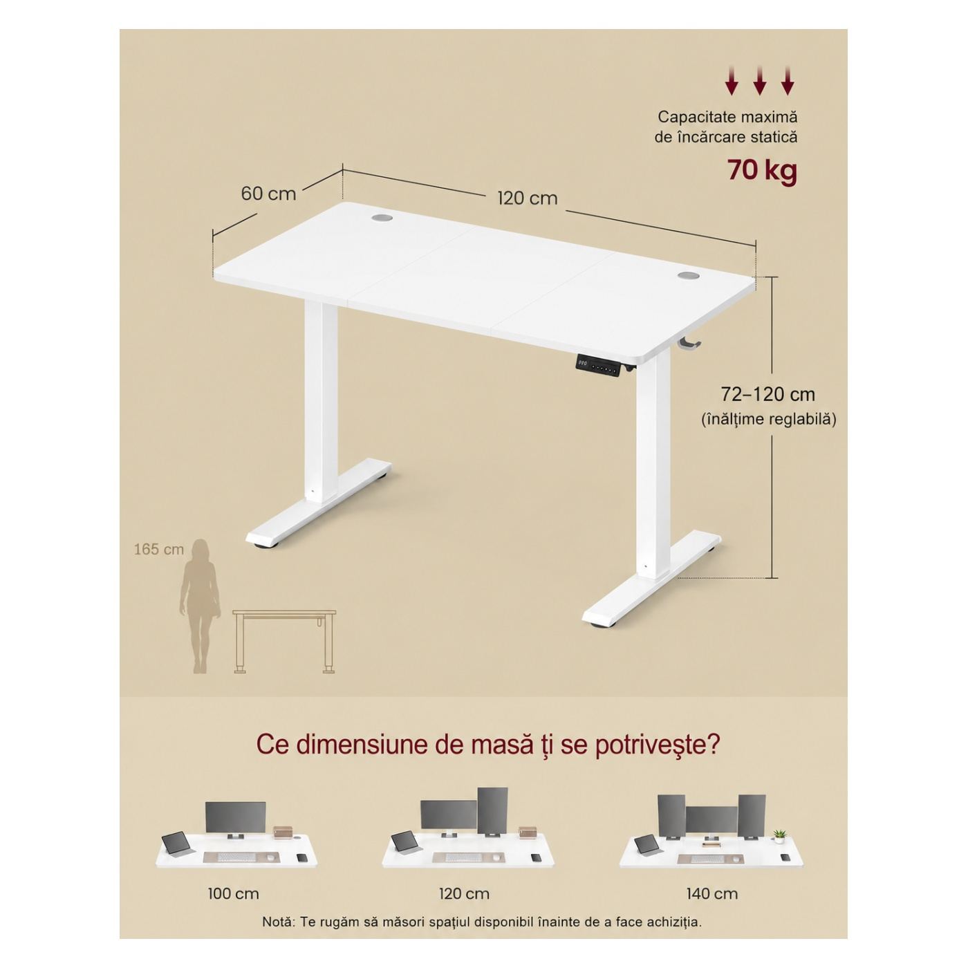 Elektromosan Állítható Magasságú Íróasztal, Fém Váz, 4 Memória Funkció, 120x60x(72-120) cm, Fehér - 3