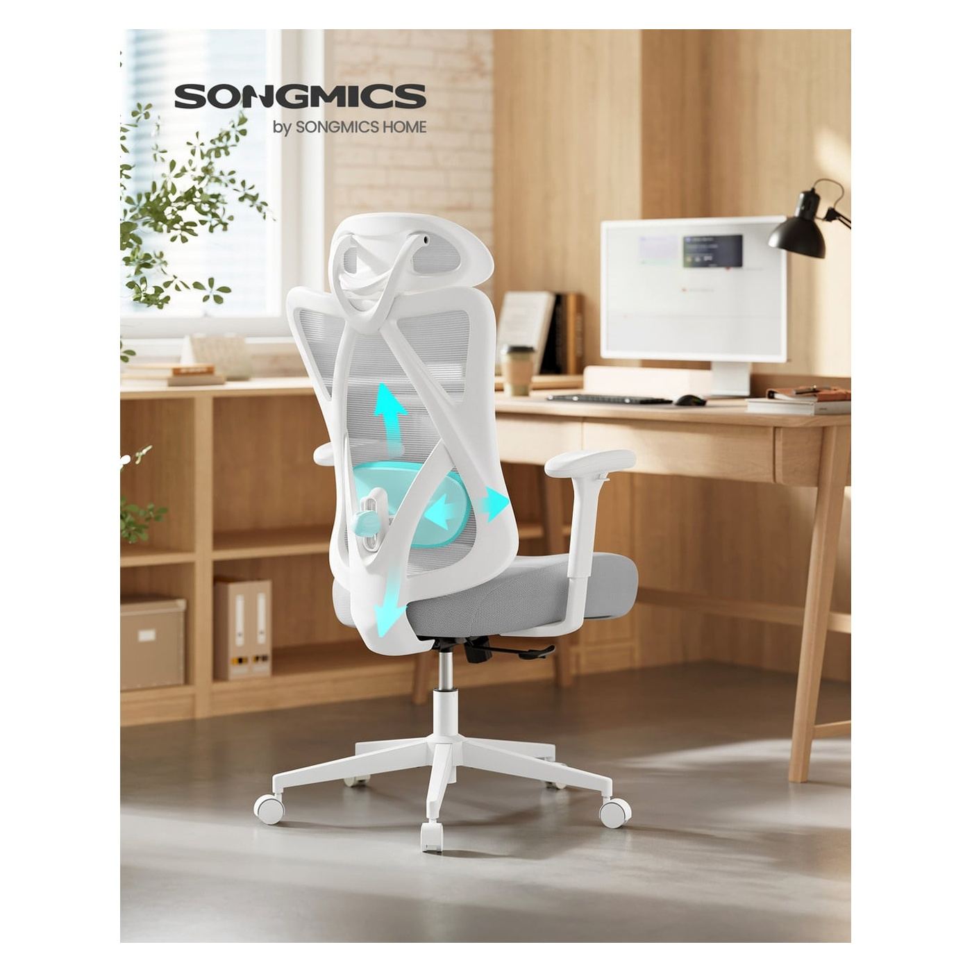 Állítható Ergonomikus Irodai Szék Deréktámasszal és Fejtámlával, Max. 150 kg, 70x70x115-125 cm, Szürke - 3