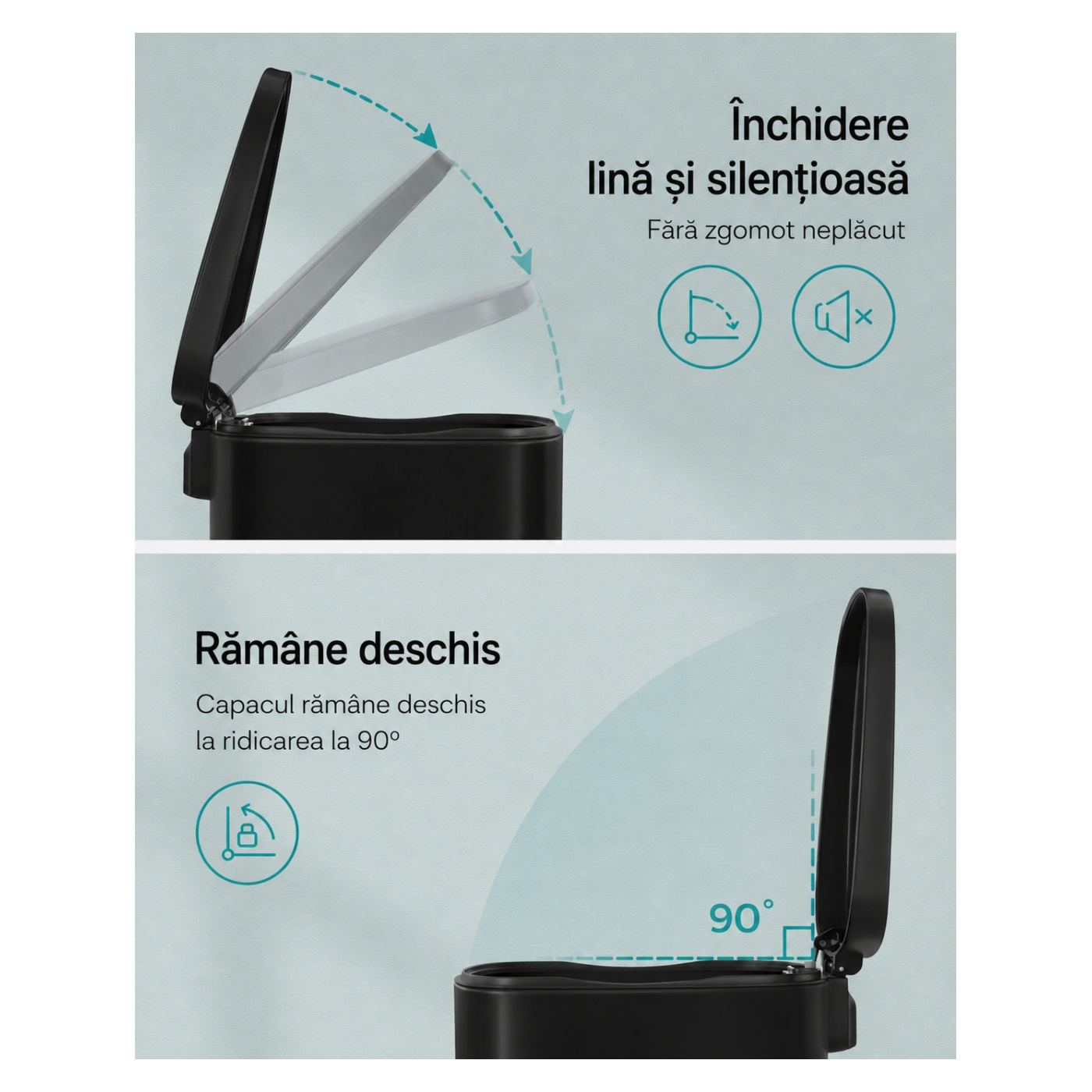 Rozsdamentes acél pedálos szemetes, lágyan csukódó fedéllel és kivehető belső vödörrel, 50 literes, 43x37x63 cm, fekete - 3