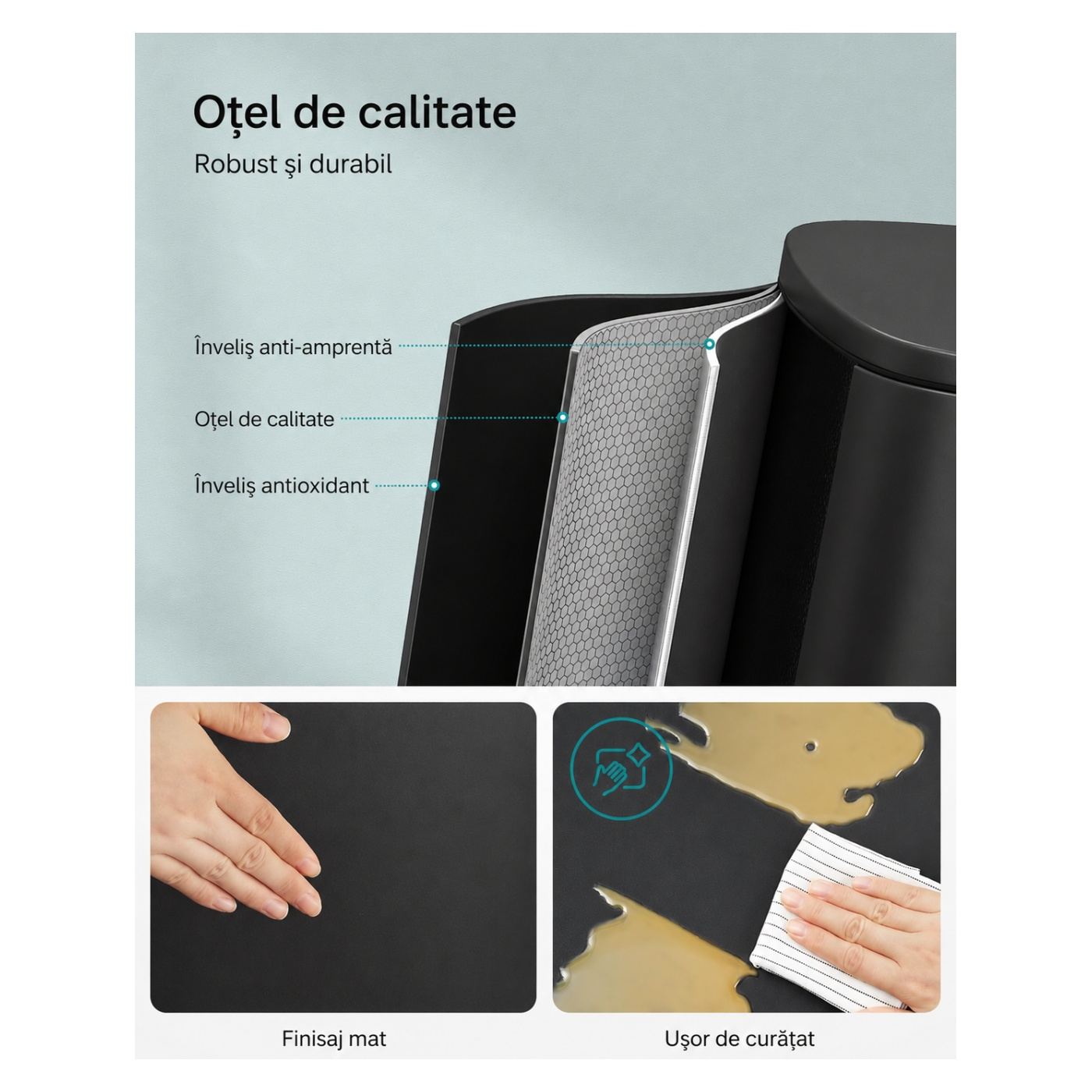Rozsdamentes acél pedálos szemetes, lágyan csukódó fedéllel és kivehető belső vödörrel, 50 literes, 43x37x63 cm, fekete - 4
