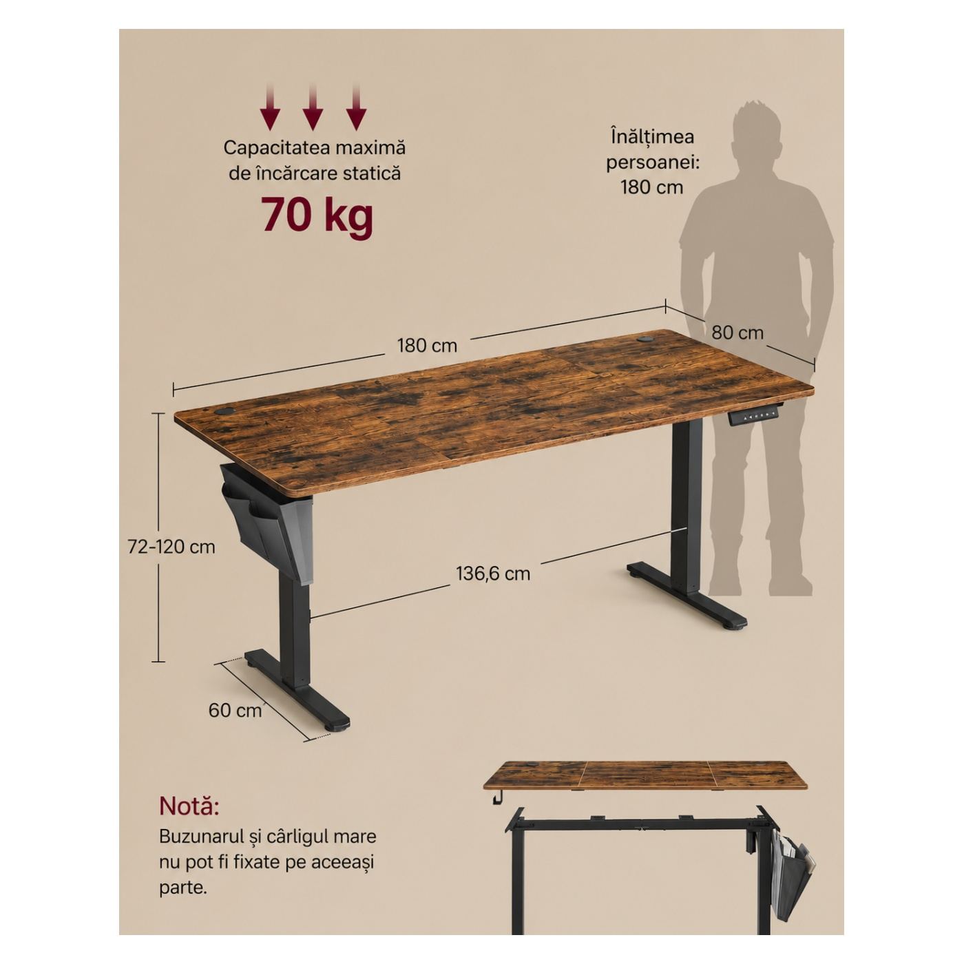 Elektromos ülő-álló magasságban állítható asztal, 4 memóriaprogram, kábelrendező, USB port, 180x80x72-120 cm, rusztikus barna - 4