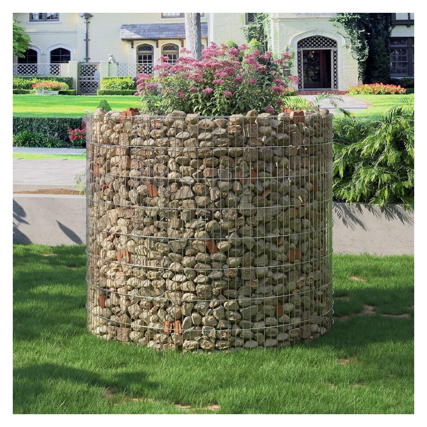 Kerek Gabion Kosár Kövekhez, Horganyzott Acél, 90x90x80cm, Ezüst - 5