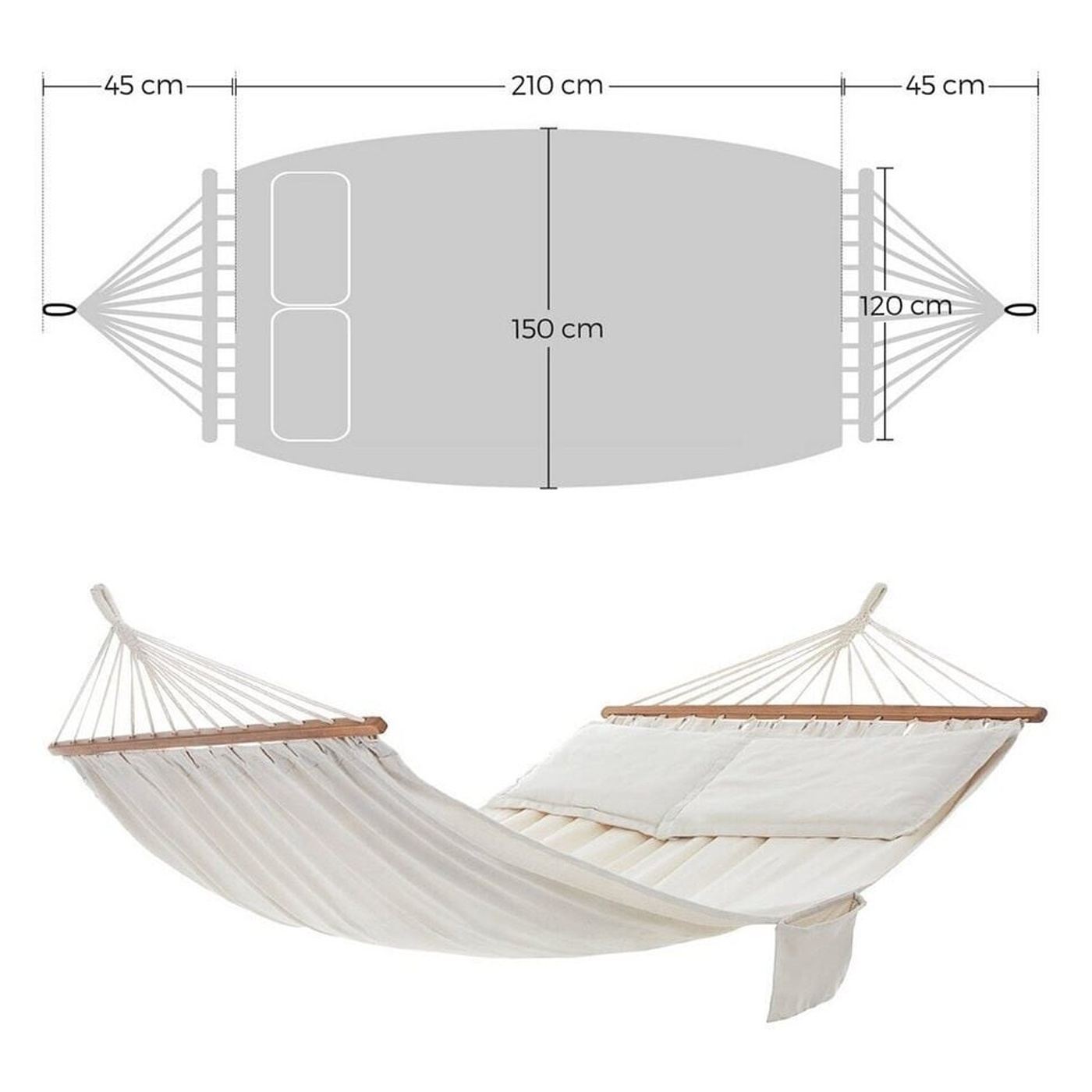 Dupla hintaágy fa rúddal, párnákkal, max. 300 kg, 210x150 cm, bézs - 12