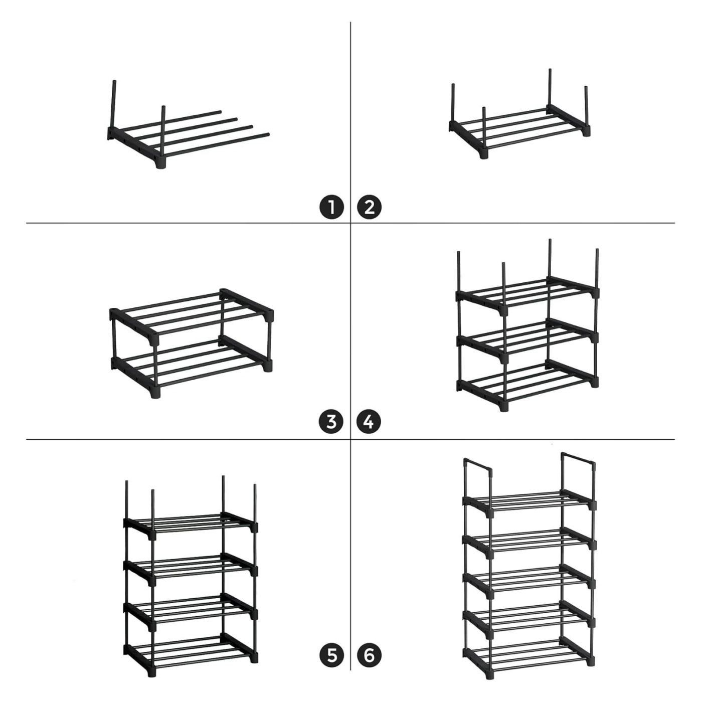 5 szintes cipőtartó állvány, moduláris fém rendszerező, akár 10 pár cipő tárolására, 45x30x90 cm, fekete - 3