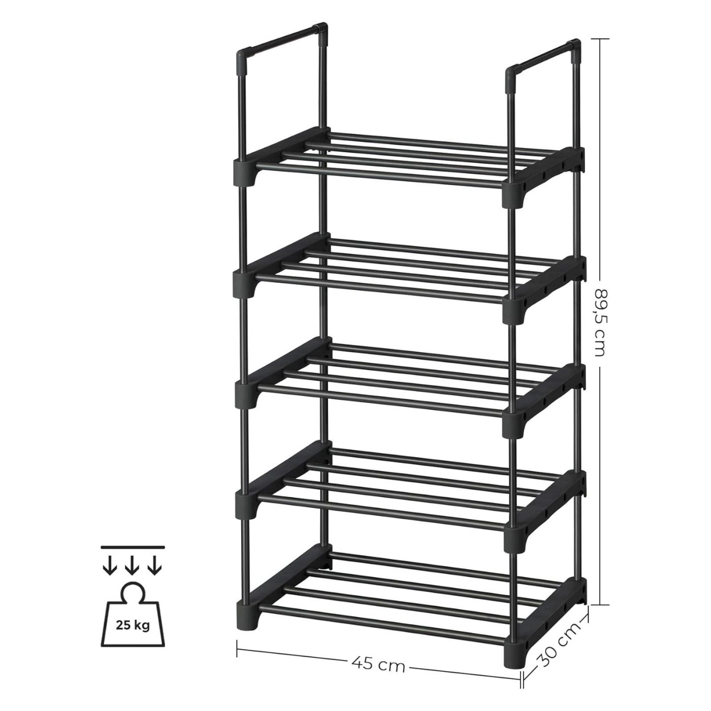 5 szintes cipőtartó állvány, moduláris fém rendszerező, akár 10 pár cipő tárolására, 45x30x90 cm, fekete - 4
