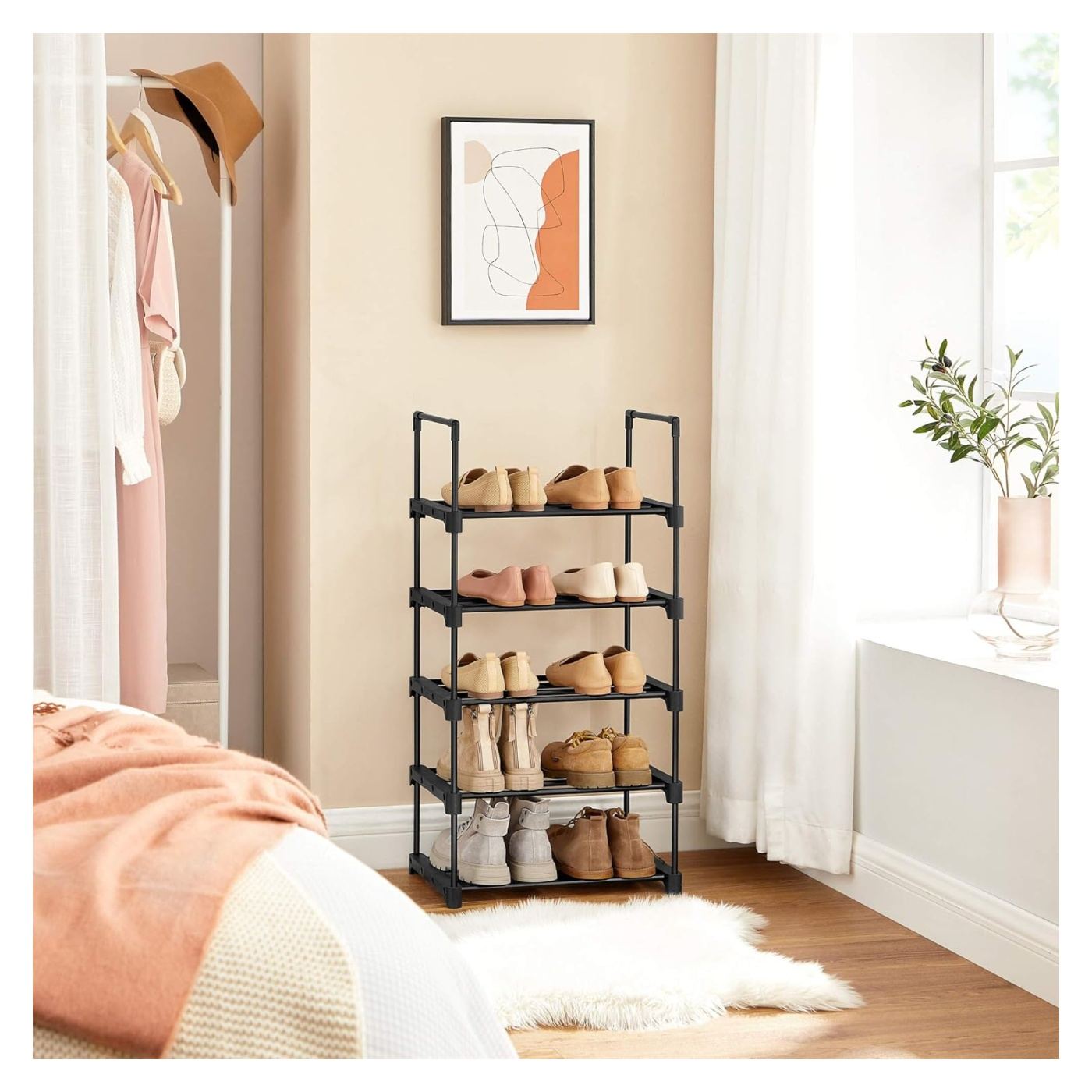 5 szintes cipőtartó állvány, moduláris fém rendszerező, akár 10 pár cipő tárolására, 45x30x90 cm, fekete - 9