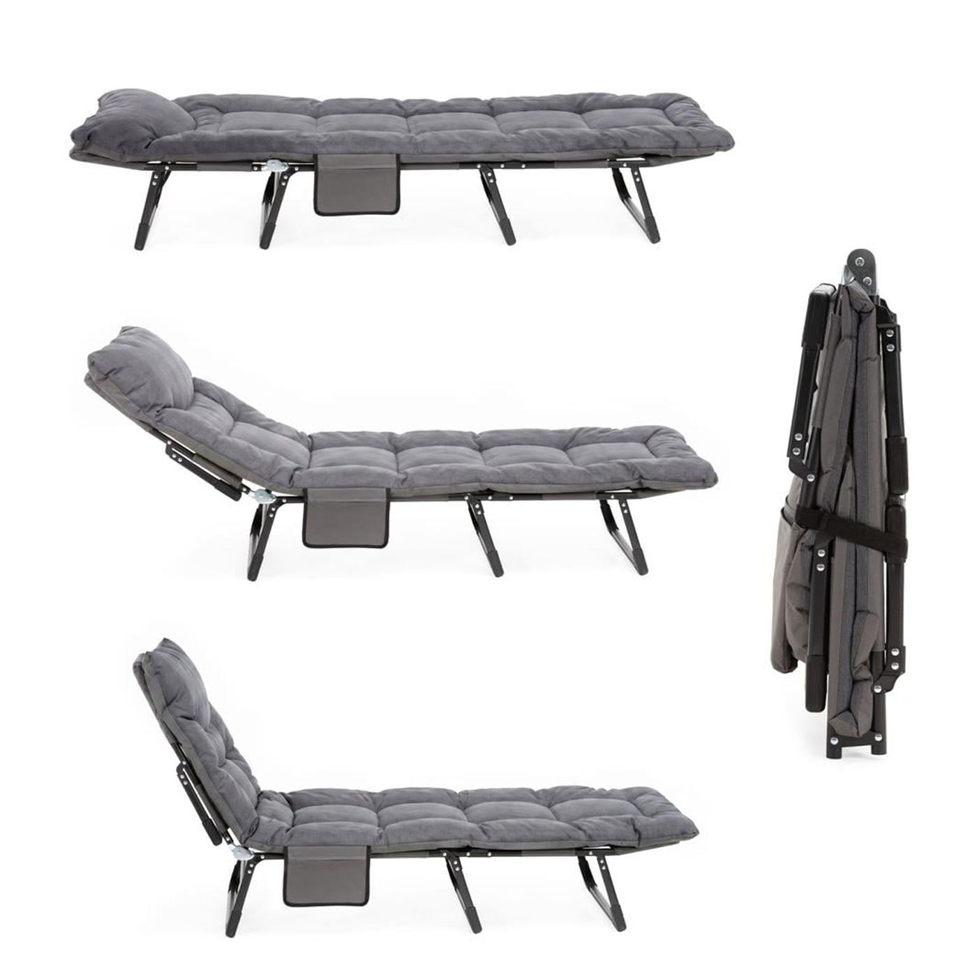 Összecsukható kerti nyugágy matraccal, állítható fejtámlával és oldalzsebbel, 200x65x30 cm, 150 kg, szürke - 38