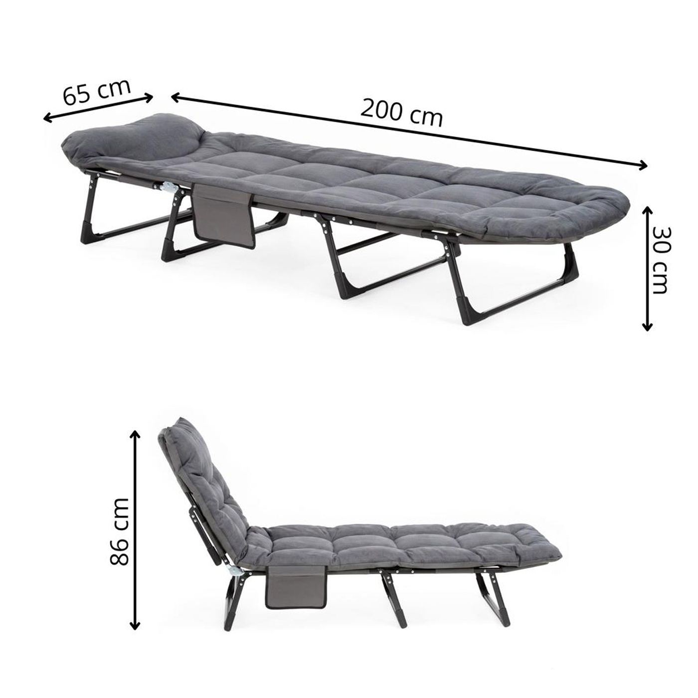 Összecsukható kerti nyugágy matraccal, állítható fejtámlával és oldalzsebbel, 200x65x30 cm, 150 kg, szürke - 39