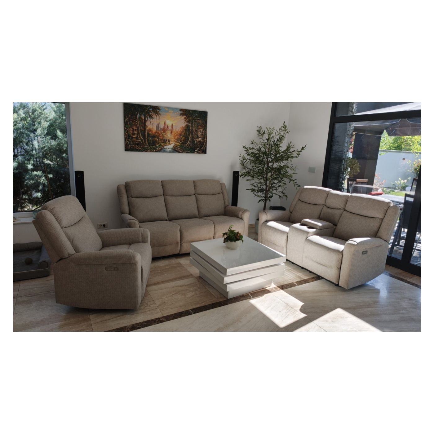 Elektromos dönthető kanapé szett, 3 részes, recliner funkció, középső konzol, 6 ülőhelyes, világosszürke - 2