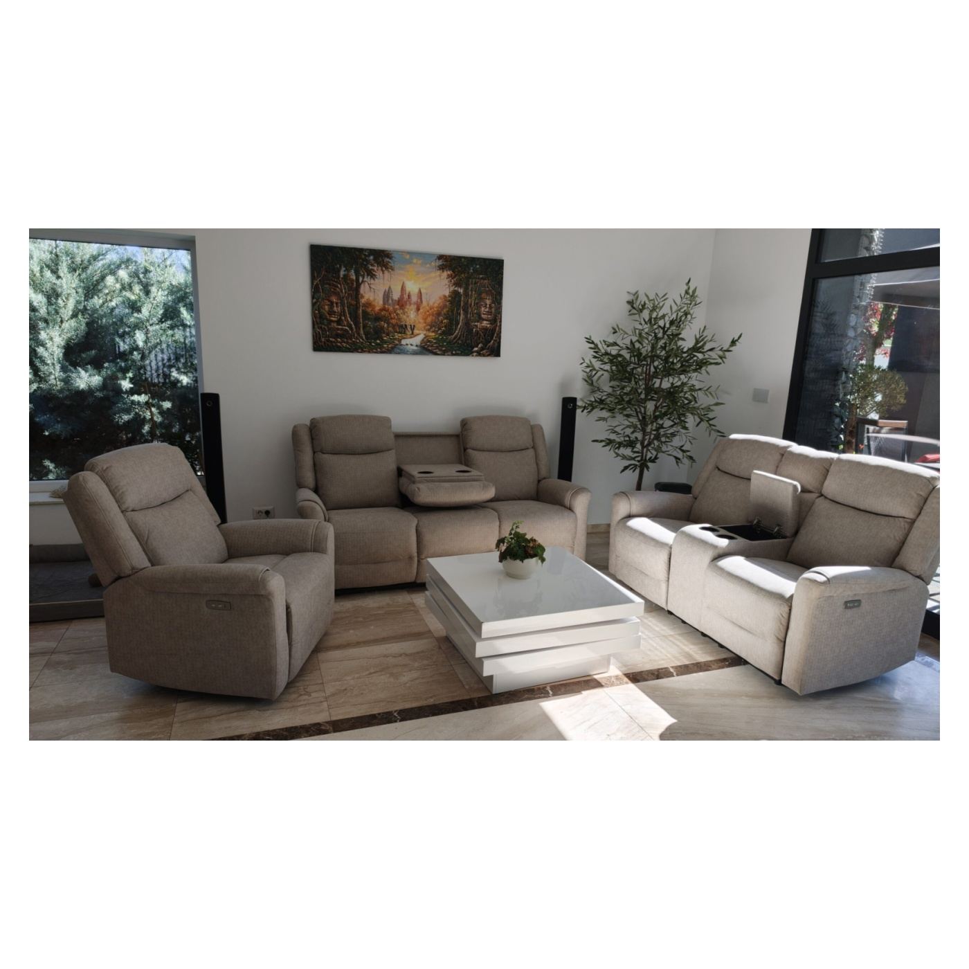 Elektromos dönthető kanapé szett, 3 részes, recliner funkció, középső konzol, 6 ülőhelyes, világosszürke - 3